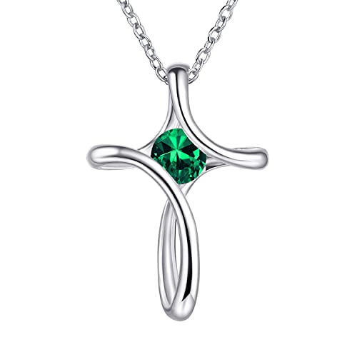 Cross Necklace for Women 925 Sterling Silver Birthstone Necklace for Women - color: 05-May-Emerald