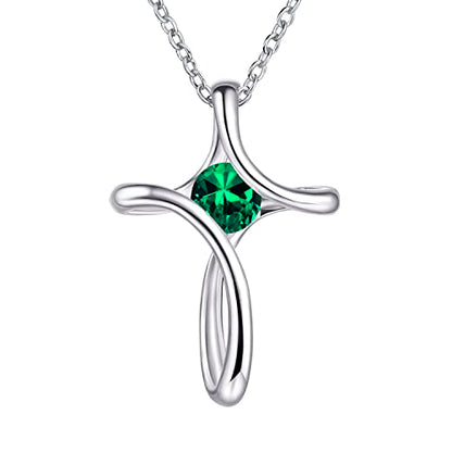 Cross Necklace for Women 925 Sterling Silver Birthstone Necklace for Women - color: 05-May-Emerald