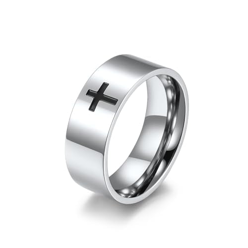 Men's Cross Ring Black/Silver Christian Wedding Band Stainless Steel - color: 8mm,silver