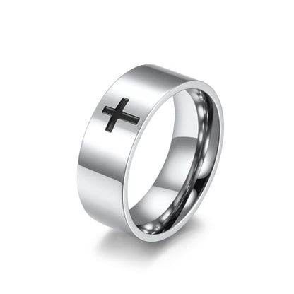 Men's Cross Ring Black/Silver Christian Wedding Band Stainless Steel - color: 8mm,silver