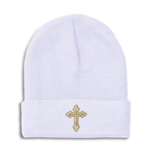 Custom Beanies for Men Gold Outline Orthodox Cross Faith Jesus God Skull Cap Winter Hats Women One Size - color: White Design Only