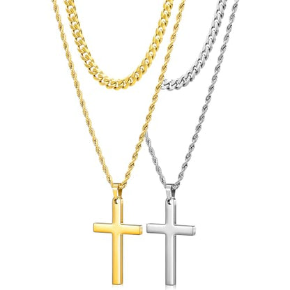 Romass 4Pcs Cross Necklace for Men Teen Boys,Stainless Steel Chains for Men Layered Necklaces Silver Gold Black Pendant Jewelry Box Gifts 18-24 Inches - size: Chain-18in/Necklace-20in, style: 4Pcs 1.7"* 1.4"pendant-Silver+Gold
