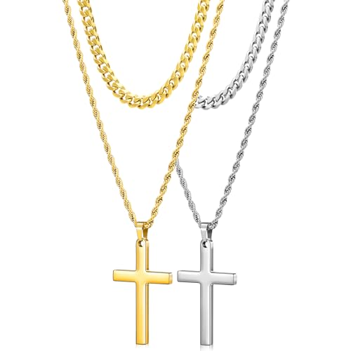 Romass 4Pcs Cross Necklace for Men Teen Boys,Stainless Steel Chains for Men Layered Necklaces Silver Gold Black Pendant Jewelry Box Gifts 18-24 Inches - size: Chain-18in/Necklace-20in, style: 4Pcs 1.7"* 1.4"pendant-Silver+Gold