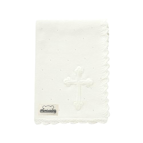 mimixiong Baby Christening Blanket Cotton Soft Knit with Stitching Cross - color: White