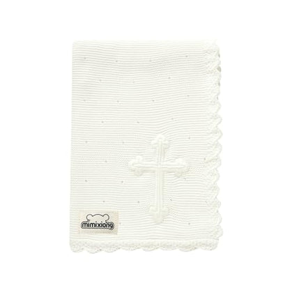 mimixiong Baby Christening Blanket Cotton Soft Knit with Stitching Cross - color: White