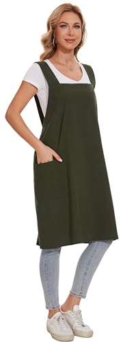 Linen Cotton Aprons for Women Smock Cross-Back Apron with Pockets - color: 07-dark Blue, size: Large