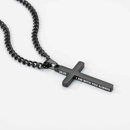 Gnamy Cross Necklace for Men Boys Stainless Steel Bible Verse Cross Pendant with Cuban Link Chain (22+2 Inches) | Christian Religious Jewelry Gifts - color: Black, style: MATTHEW 28:20