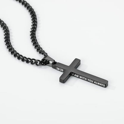 Gnamy Cross Necklace for Men Boys Stainless Steel Bible Verse Cross Pendant with Cuban Link Chain (22+2 Inches) | Christian Religious Jewelry Gifts - color: Black, style: MATTHEW 28:20
