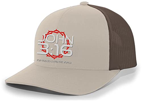 Christian John 3:16 for Got So Loved The World Mens Embroidered Mesh Back Trucker Hat - color: Khaki/Brown