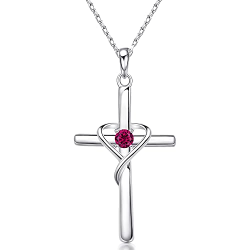 AmorAime 925 Sterling Silver Cross Necklace for Women Men 14K Gold Plated 5A CZ Birthstone Necklaces for Holiday - color: G.Dark Red-July-Ruby