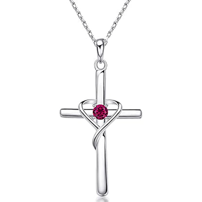 AmorAime 925 Sterling Silver Cross Necklace for Women Men 14K Gold Plated 5A CZ Birthstone Necklaces for Holiday - color: G.Dark Red-July-Ruby