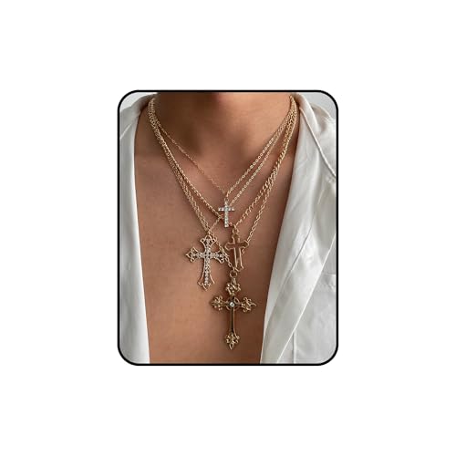 Layered Cross Necklace Set for Women Men – Multi Chain Gold Silver Cross Pendant Jewelry with Rhinestone Accents, Vintage Punk Gothic Style Jewelry Gifts - color: A: Gold