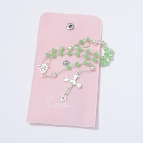 KOMI Crystal Rosary Beads with Jesus Crucifix, Catholic Necklace for Women First Communion Rosarios Wedding Rosary with Velvet Bag - style: 6MM-green