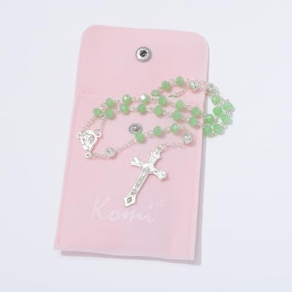 KOMI Crystal Rosary Beads with Jesus Crucifix, Catholic Necklace for Women First Communion Rosarios Wedding Rosary with Velvet Bag - style: 6MM-green