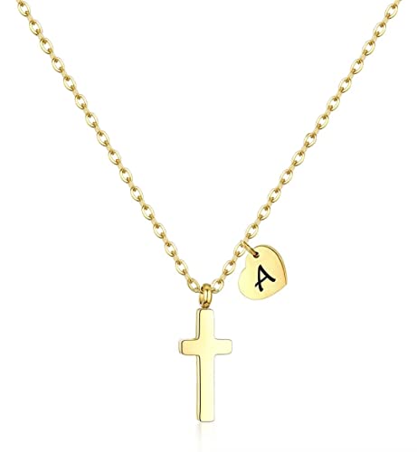 Tiny Cross Necklace for Kids Girls, Initial A-Z , Birthstone Cross Gifts - color: Yellow Color, style: A.
