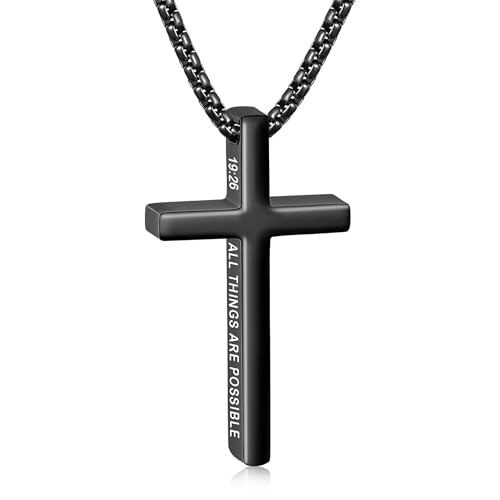 Avotto 316L Stainless Steel Bible Verse Cross Necklace Religious Jewelry Gifts for Men Boys, Silver Gold Black Mens Boys Necklace Non-Fading Sturdy Box Chain with Inspirational Cross Pendant 18+2Inch - color: Black, style: 19:26