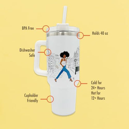 40oz Tumbler with Inspirational Quotes, African American Art, Handle, Straw & Twist-On Lid – Leak-Proof Insulated Drinkware for Black Women, Uplifting Gift - Keepin It Movin - color: Keepin it Moving