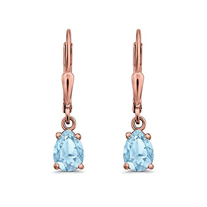 Teardrop Bridal Dangling Leverback Earrings Pear Cubic Zirconia 925 Sterling Silver - color: Rose Tone, Simulated Aquamarine CZ