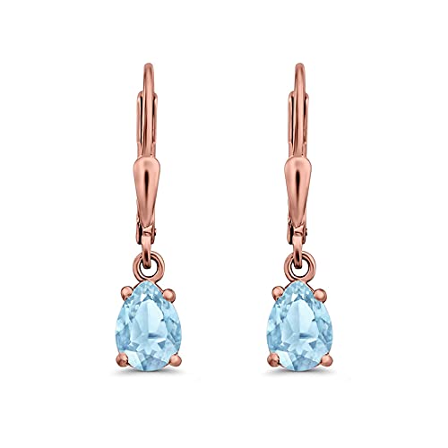 Teardrop Bridal Dangling Leverback Earrings Pear Cubic Zirconia 925 Sterling Silver - color: Rose Tone, Simulated Aquamarine CZ