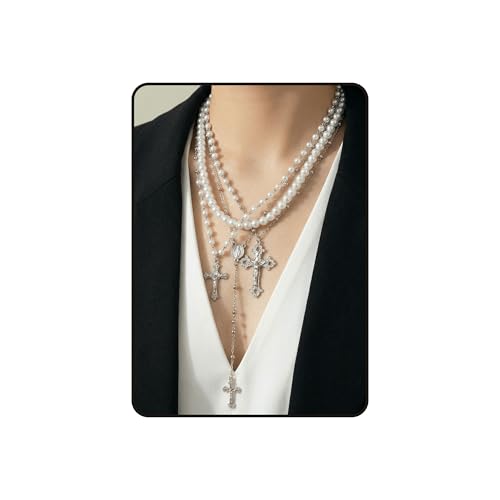 Layered Cross Necklace Silver Set for Women, 4-Piece Chunky Pearl Cross Stack Christian Necklaces, Adjustable Vintage Long Y Boho Gothic Statement Jewelry Gift - style: Silver 2-4Pcs