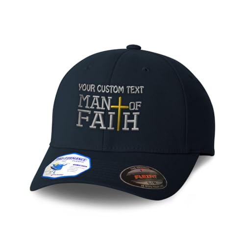 Custom Flexfit Cap for Men & Women Embroidered Man of Faith God Jesus Christian Flexfit Hats Baseball Caps - color: Dark Navy Personalized Text Here, size: Small-Medium