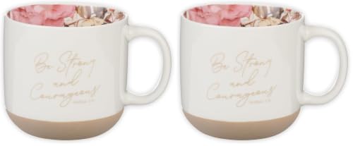 Christian Art Gifts Ceramic Floral Coffee Mug for Women: Strong & Courageous Bible Verse, Encouraging Gift for Women, Novelty Cup, Clay Base, Sturdy Handle, White & Gold, 14 oz. (Pack of 2) - color: Strong & Courageous/White Floral, size: 14 Ounces (Pack