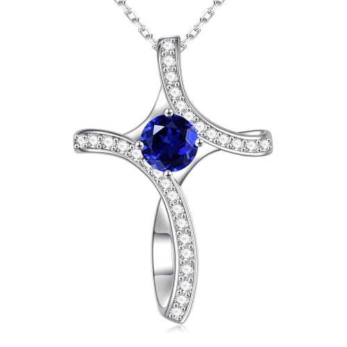 Iefil Cross Necklace for Women - Birthstone Necklace for Women Wife Her - color: 12-December-Tanzanite Blue