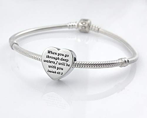 Heart Charm Fit Pandora Charms Bracelet Christian Bible Verse Charm Prayer Faith Religious Charms Gifts for Women - style: When you go through deep waters, I will be with you Isaiah 43:2