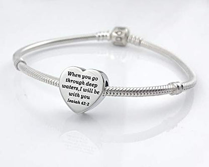 Heart Charm Fit Pandora Charms Bracelet Christian Bible Verse Charm Prayer Faith Religious Charms Gifts for Women - style: When you go through deep waters, I will be with you Isaiah 43:2