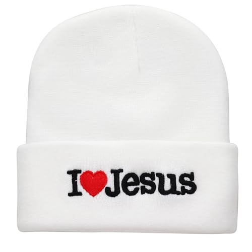 I Love Jesus Beanie Hat Ski Cap All Seasons Embroidered Solid Color - color: White