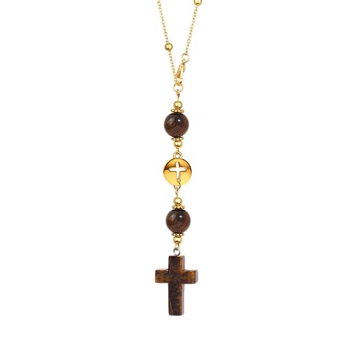 Cross Car Charm Rear View Mirror Accessories - Natural Tiger Eye Crystal Hanging Ornament, Christian Car Accessories for Good Luck, Boho Car Decor Gifts for Women Men - color: Brown