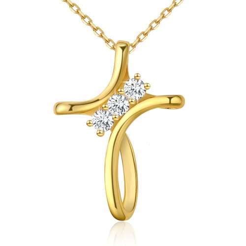 Cross Necklace for Women, 925 Sterling Silver 18K Gold Plated Diamond Necklace for Women, Cross Pendant with 3 Stone 5A Cubic Zirconia, Birthday Christmas Jewelry Gifts for Women Her, 20 Inches - color: Gold color