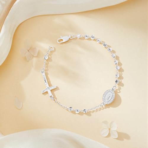 Rosary Cross Bracelet for Women, Virgin Mary Gold Silver Rose Gold 4mm Rosary Beads Catholic Bracelet - color: Silver