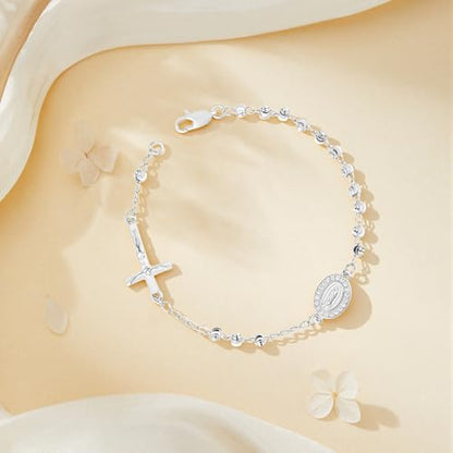 Rosary Cross Bracelet for Women, Virgin Mary Gold Silver Rose Gold 4mm Rosary Beads Catholic Bracelet - color: Silver
