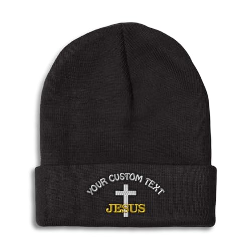 Custom Beanies for Men Christian Cross Jesus Faith Jesus Christ Skull Cap Winter Hats for Women One Size - color: Black Personalized Text Here