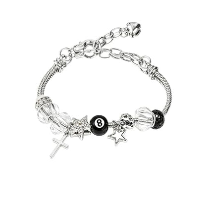 Y2k Charm Bracelet for Women Star Cross 8 Ball Leopard Beaded Bracelet - color: silver