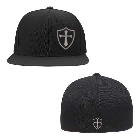 Crusader Cross Military Logo Front and Back Embroidered Fitted Hat Black Grey Navy Red Olive Royal Blue Curved or Flat Brim - color: Black Flat, size: Large-X-Large