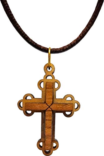 3D Bottony Cross, Wooden Cross Necklace for Men & Women, Certified Holy Land Olive Wood Orthodox Pendant Necklace from Bethlehem Israel, Christian & Catholic Religious Keepsake Gift