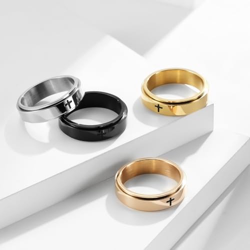 8MM Stainless Steel Cross Christian Ring Classic Plain Spinner Wedding Band for Men Women - color: 6mm - Black