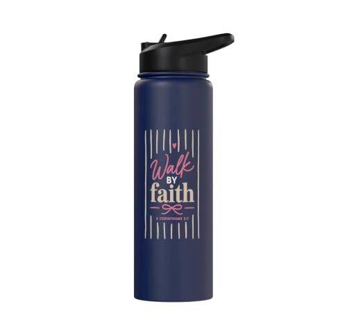 Christian Faith Scripture Verse Walk by Faith Pink Bow Stainless Steel Insulated Water Bottle - color: Navy Blue