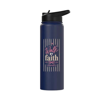 Christian Faith Scripture Verse Walk by Faith Pink Bow Stainless Steel Insulated Water Bottle - color: Navy Blue