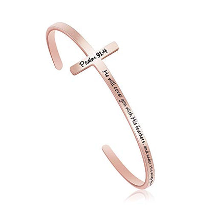Memgift 𝐂𝐫𝐨𝐬𝐬 𝐁𝐫𝐚𝐜𝐞𝐥𝐞𝐭 Religious Cuff Bangle 𝐁𝐢𝐛𝐥𝐞 𝐕𝐞𝐫𝐬𝐞 Christian Gifts Jewelry for 𝐖𝐨𝐦𝐞𝐧 - style: He will cover you with his feathers,and under his wings you will find refuge -Psalm 91:4