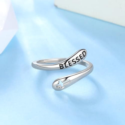 Jewmon 925 Sterling Silver Faith Cross Ring Adjustable I am Enough Inspirational Ring Engraved Bleassed Ring Encouragement Statement Ring for Women Chritian Jewelry Communion Baptism Chritian Gifts - color: A, Blessed Ring Silver