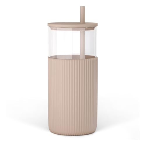 SANDJEST Glass Tumbler with Straw and Lid, Glass Water Bottle with Silicone Sleeve 20oz, Smoothie, Iced Coffee Cup, Gifts for Women Teen Girls Birthday Christmas (Light Brown) - color: Brown