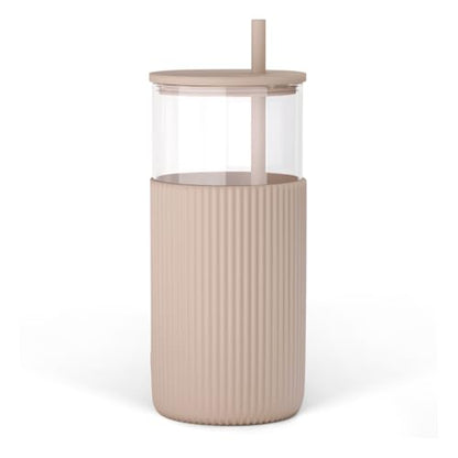 SANDJEST Glass Tumbler with Straw and Lid, Glass Water Bottle with Silicone Sleeve 20oz, Smoothie, Iced Coffee Cup, Gifts for Women Teen Girls Birthday Christmas (Light Brown) - color: Brown
