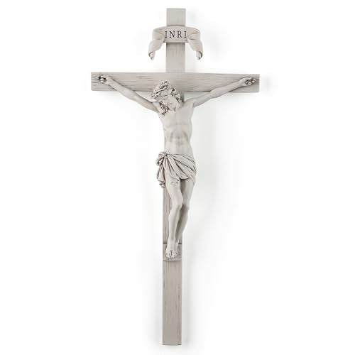 BC Catholic Crucifix Wall Cross, 10" H Jesus Christ Home Decor, Religious Gift, Wood Carved Look, Grey White Finish, Hand Painted by Buildclassic - color: Grey White, size: 10.2"L x 5"W