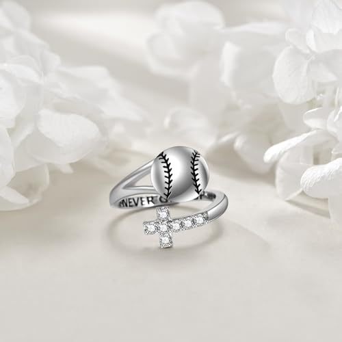 YFN Sport Ring Sterling Silver Cross Adustable Ring Never Give Up Jewelry Gifts for Women - color: Baseball