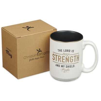 Christian Art Gifts Large Ceramic Scripture Coffee Mug for Men, 14 oz. - color: White/Strength & Shield