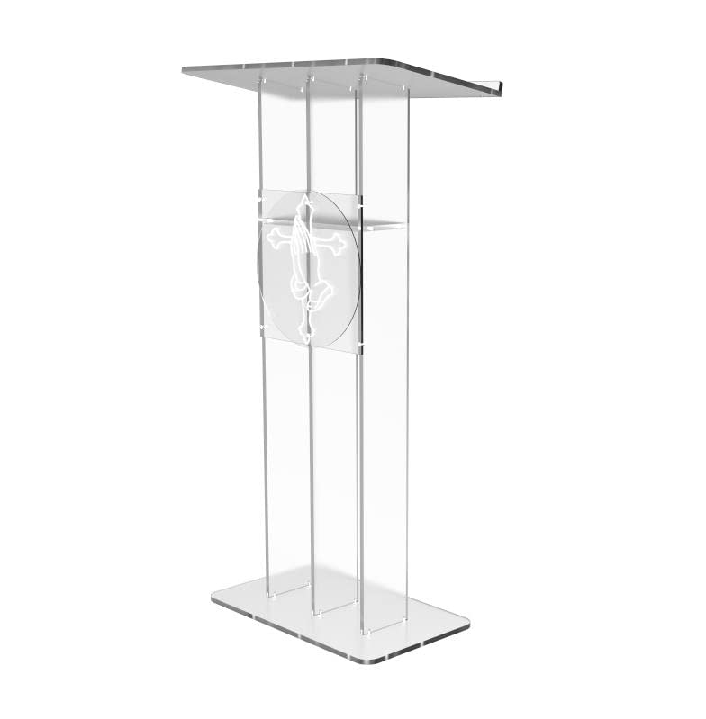 FixtureDisplays® Clear Podium Plexiglass Lecturn Transparent Church Pulpit with Christian Church Cross Prayer Hand Trinity Style Easy Assebmly Required 15411+12152-NPF