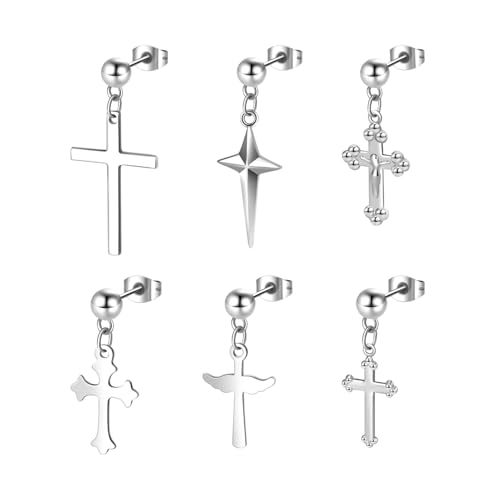 6 Pairs Silver Dangle Cross Earrings for Women, Small Hypoallergenic Stainless Steel Stud Earrings for Men Drop